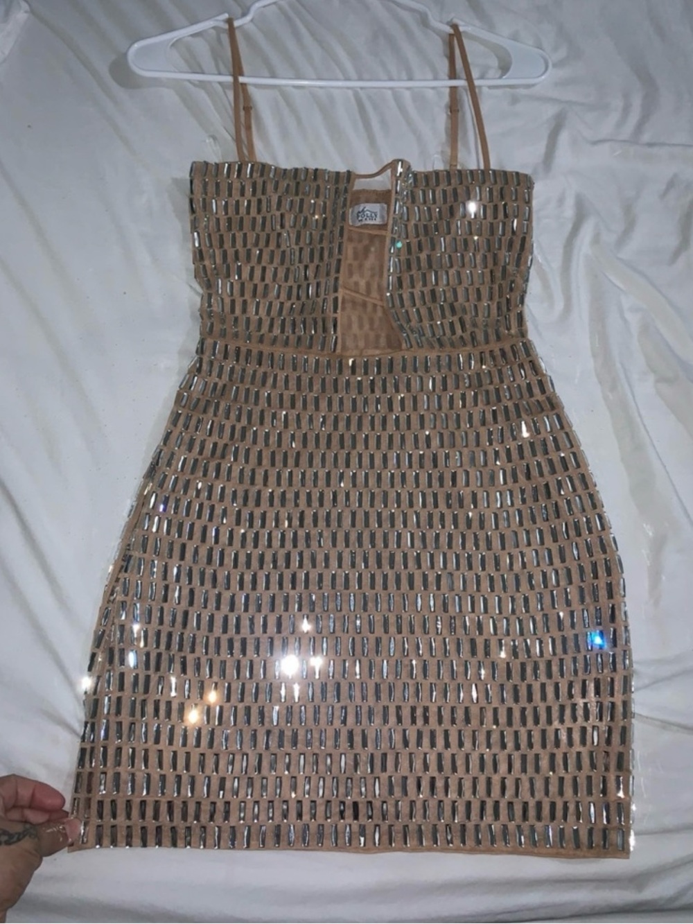 OH POLLY EUC BEAUTIFUL DRESS Strappy Metallic Nude Mini Dress 👗 SZ8 - Picture 4 of 7